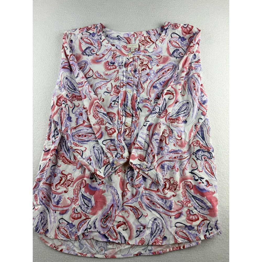 Talbots Womens Large Pink Purple‎ Paisley Pintuck Button Front Blouse Cotton Top